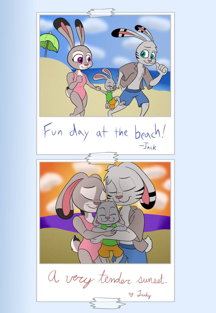 absurd_res anthro beach beach_umbrella black_markings blue_eyes bottomwear clothed clothing darkajugin disney english_text family female fur grey_body grey_fur group hi_res holding_child jack_savage joey_(darkshiner8) judy_hopps lagomorph leporid male mammal markings multicolored_body multicolored_fur one-piece_swimsuit open_clothing open_shirt open_topwear purple_eyes rabbit seaside shirt shorts sky sunset swimwear tank_top text topwear two_tone_body two_tone_fur zootopia