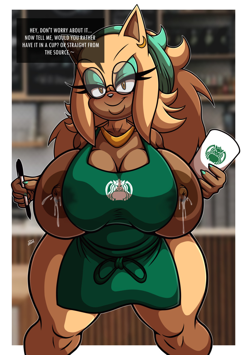 absurd_res alpha_channel anthro apron apron_only areola big_areola big_breasts bodily_fluids breasts chubby_female clothing container cup damian_hodge dark_body dark_nipples dark_skin desiree_the_hedgehog ear_piercing english_text erect_nipples eulipotyphlan eyewear fan_character female front_view glasses green_apron hanging_breasts headgear headwear hedgehog hi_res huge_breasts i_mean_breast_milk lactating mammal mature_female meme milk mostly_nude mother nipples overweight parent piercing presenting presenting_breasts sega slightly_chubby solo sonic_the_hedgehog_(series) starbucks text wide_hips