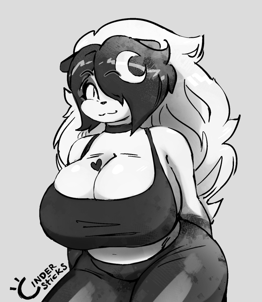 anthro big_breasts black_clothing black_hair breasts bulging_breasts cindersticks cleavage cleavage_overflow clothed clothing curvaceous curvy_figure female giant_panda hair hi_res huge_breasts luna_paws mammal monochrome multicolored_hair slightly_chubby solo two_tone_hair ursid voluptuous white_hair