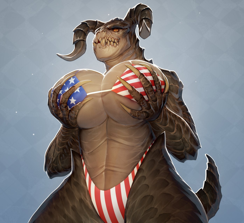 2021 5_fingers american_flag_bikini anthro bethesda_softworks big_breasts bikini breast_grab breast_squeeze breasts claws cleavage clothed clothing deathclaw derek_hetrick fallout female fingers hand_on_breast hi_res holding_breast horn huge_breasts long_claws looking_at_viewer non-mammal_breasts orange_sclera reptile scalie sharp_claws sharp_teeth solo stars_and_stripes swimwear teeth under_boob united_states_of_america video_games