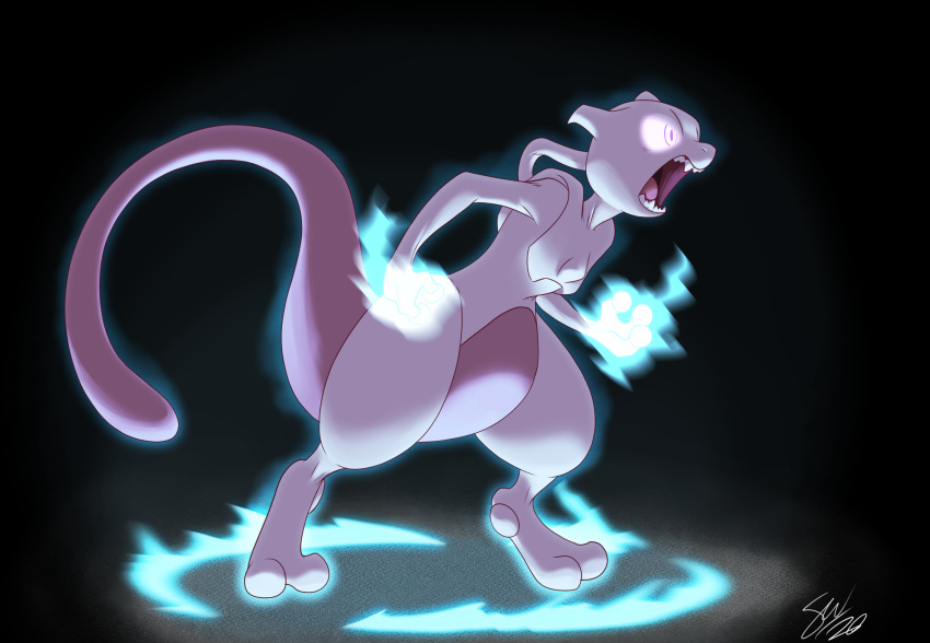 2_toes 3_fingers ambiguous_gender angry feet fingers glowing glowing_eyes hi_res legendary_pok&eacute;mon long_tail mewtwo nintendo pok&eacute;mon pok&eacute;mon_(species) psychic_powers purple_body purple_eyes purple_skin purple_tail simple_background solo tc-96 teeth thick_thighs toes video_games yelling