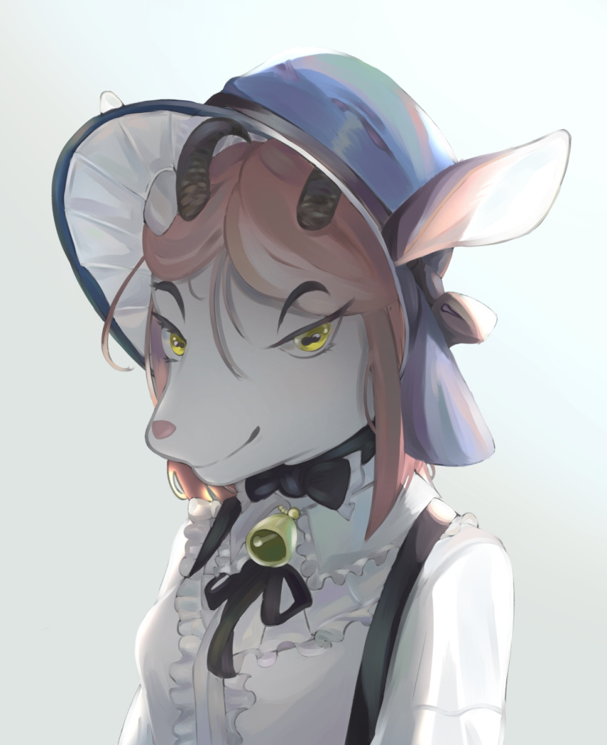 anthro bell biped bovid bow_tie caprine clothed clothing eyebrow_through_hair eyebrows female fur goat hair hat headgear headwear hi_res horn mammal pink_hair portrait simple_background smile solo translucent translucent_hair white_background white_body white_fur yellow_eyes yenamika