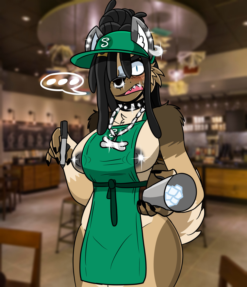... absurd_res anthro apron apron_only blush bodily_fluids bottomless bottomless_female breasts canid canine canis chest_tuft claws clothed clothing collar container cup darkwolfhybrid domestic_dog dreadlocks ear_piercing ear_ring facial_piercing female german_shepherd green_apron hat headgear headwear herding_dog hi_res husky hybrid i_mean_breast_milk ice jewelry mammal meme metal metal_teeth mostly_nude necklace nikole_(darkwolf) nipple_piercing nipple_slip nipples nordic_sled_dog nose_piercing nose_ring pastoral_dog pen piercing septum_piercing shoulder_tuft solo spitz starbucks sweat sweatdrop text text_on_clothing text_on_hat text_on_headwear tuft