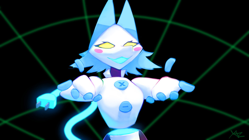 16:9 4k absurd_res android anthro bedroom_eyes blue_hair blush blush_stickers cybernetics cyborg deltarune domestic_cat felid feline felis female glowing glowing_eyes glowing_hair hair hi_res machine mammal narrowed_eyes outstretched_arms robot seductive smile solo tasque_manager ugh_fine_i_guess_you_are_my_little_pogchamp undertale_(series) video_games widescreen yazuto_art