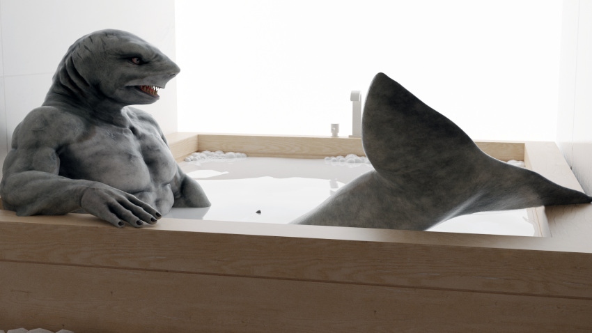 16:9 3d_(artwork) anthro bath bathroom blender_(software) digital_media_(artwork) fish hi_res male marine merfolk milk muscular muscular_male nude open_mouth rydeen_3d shark solo split_form teeth water widescreen