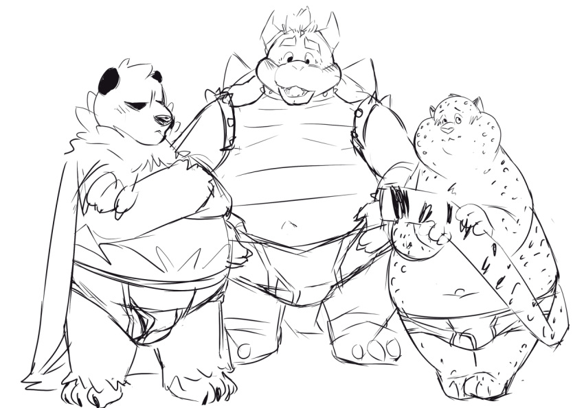 2017 anthro belly benjamin_clawhauser blush bowser bulge cheetah clothing disney felid feline group humanoid_hands izvy_(artist) koopa male mammal mario_bros navel nintendo overweight overweight_male pangoro pok&eacute;mon pok&eacute;mon_(species) scalie sketch underwear video_games zootopia