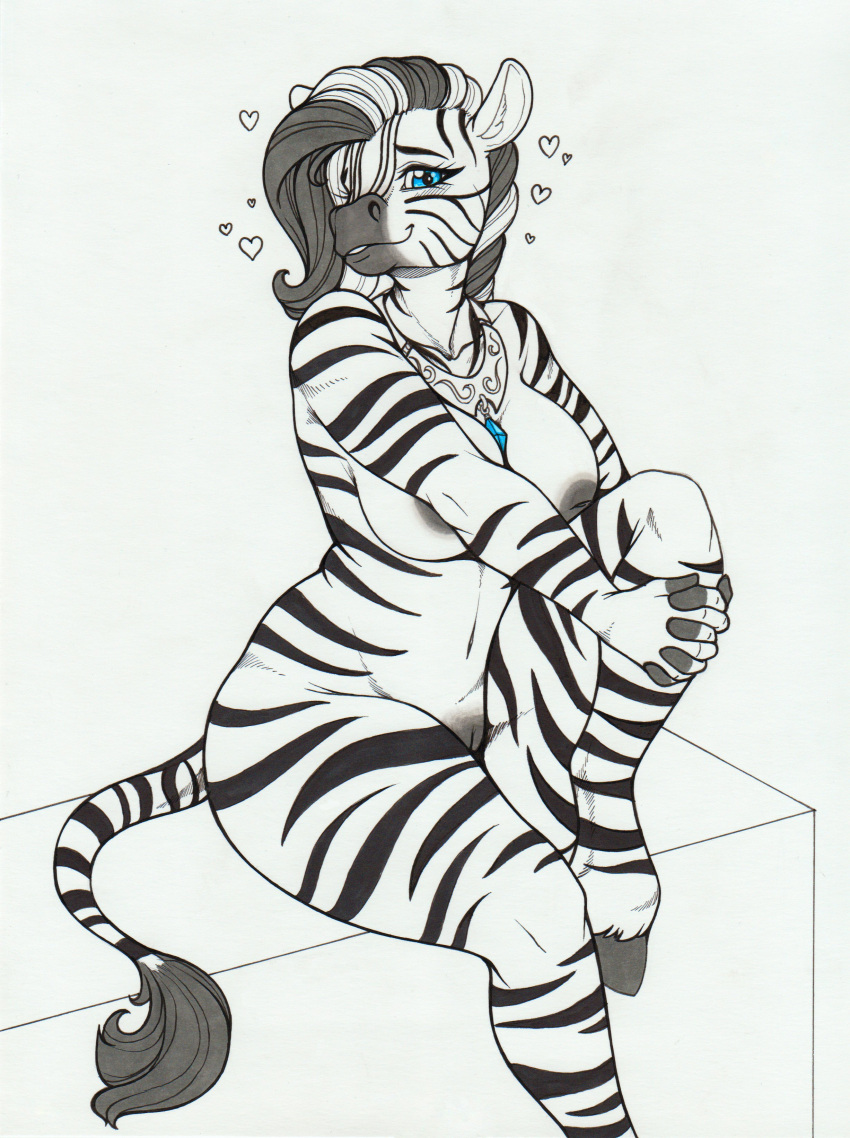 &lt;3 2021 absurd_res anthro areola big_breasts blue_eyes breasts equid equine eyebrows eyelashes female fingerless_(marking) fur genitals hi_res hooves jewelry longinius looking_at_viewer mammal mane navel nipples nude pussy sitting smile solo striped_body striped_fur stripes unguligrade_anthro zebra
