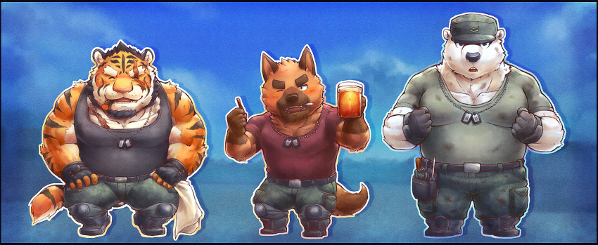 2018 alcohol anthro beer benki_wars beverage black_nose bottomwear brown_body brown_fur canid canine canis clothing domestic_dog felid fur group hat headgear headwear hi_res humanoid_hands in_a_gamepxv kemono male mammal muscular muscular_male one_eye_closed overweight overweight_male pantherine pants scar shirt smoking tiger topwear video_games white_body white_fur wink yellow_body yellow_fur