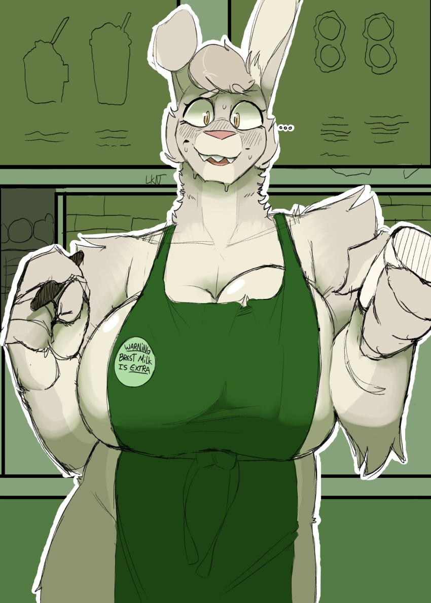 ... 2021 absurd_res alien anthro apron apron_only big_breasts bodily_fluids breasts cleavage clothed clothing container cup curvy_figure detailed_background digital_media_(artwork) english_text eyelashes female fingers fur green_apron hair hi_res huge_breasts i_mean_breast_milk inside lagomorph leporid looking_at_viewer lowkey_nottoast mammal meme mostly_nude multicolored_body multicolored_fur pen rabbit sharp_teeth smile solo standing sweat tan_body tan_fur tan_hair teeth text text_on_apron text_on_clothing tongue viv_(lowkeytoast) voluptuous yellow_eyes