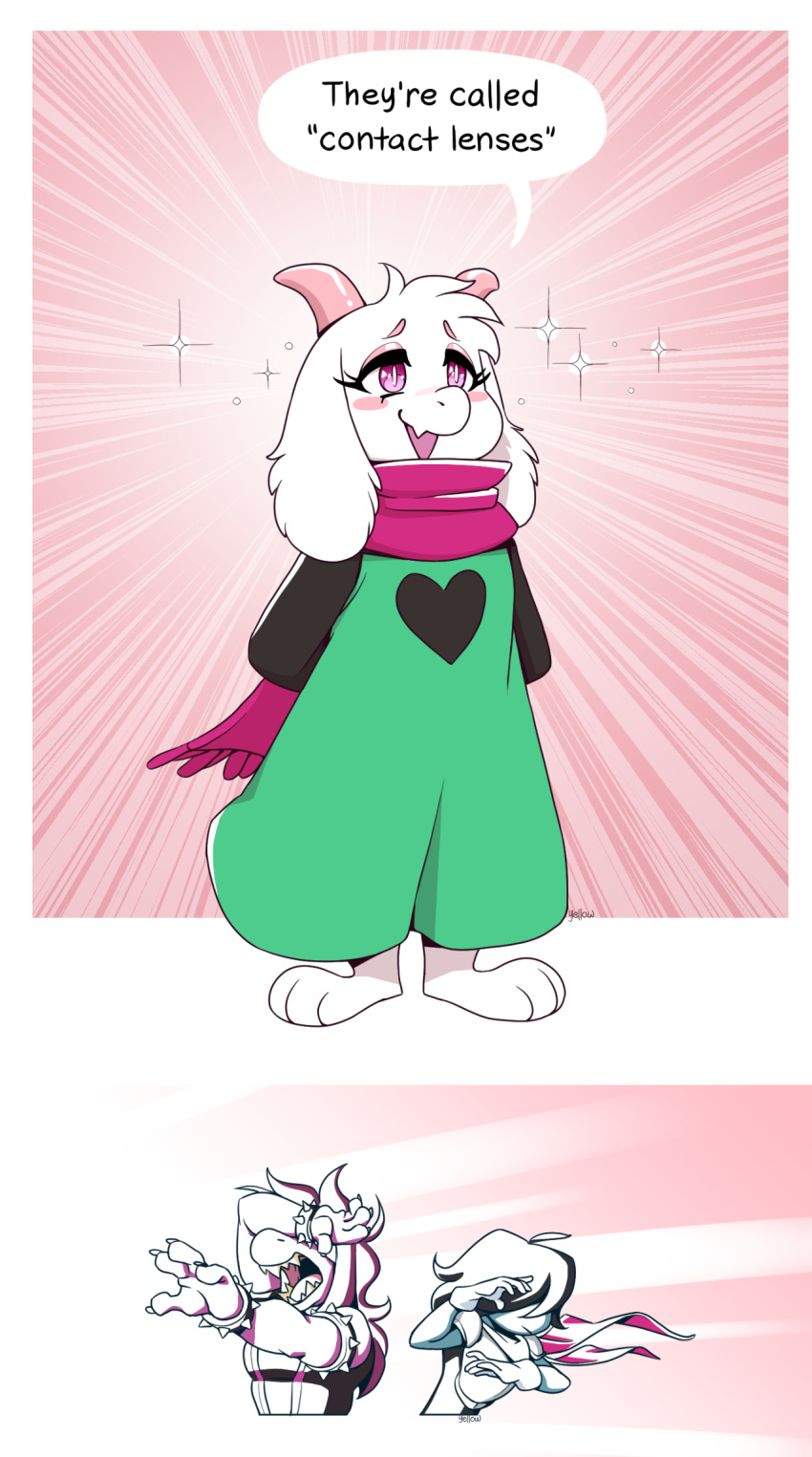 2021 anthro armband barefoot black_robe bovid bracelet caprine clothed clothing deltarune eyebrows eyelashes feet fur gloves goat green_robe group hair hands_behind_back handwear hi_res horn human humor jewelry kris_(deltarune) mammal open_mouth pink_eyebrows pink_eyes pink_horn pink_scarf ralsei reptile scalie scarf sparkles spiked_armband spiked_bracelet spikes standing susie_(deltarune) trio two_tone_robe undertale_(series) video_games white_body white_ears white_fur yellowhellion