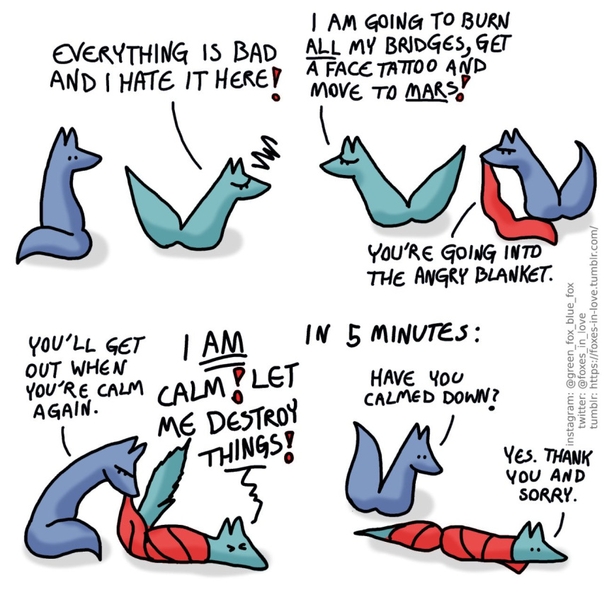 ! 1:1 ? angry bedding blanket blue_body blue_fox_(foxes_in_love) blue_fur blue_tail canid canine comic dialogue duo english_text feral fox foxes_in_love fur green_body green_fox_(foxes_in_love) green_fur green_tail hi_res male_(lore) mammal shadow simple_background text url