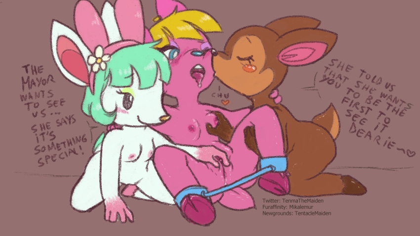 &lt;3 16:9 animal_crossing anthro bodily_fluids bondage_gear bound breast_grab breast_play breasts cervid chelsea_(animal_crossing) dialogue drooling english_text fake_ears fake_rabbit_ears fauna_(animal_crossing) female female/female fuchsia_(animal_crossing) genitals groping_breasts group group_sex hand_on_breast hand_on_neck heart_after_text hooves kissing kneeling leg_spreader legs_tied mammal neck_grab nintendo nude partial_speech_bubble pussy restraints saliva sex small_breasts smile spread_legs spreader_bar spreading tenmathemaiden text text_with_heart threesome tongue tongue_out video_games widescreen