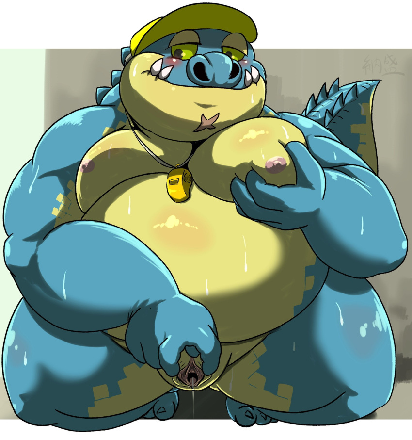 anthro belly blue_body blue_scales blush clothing crocodile crocodilian crocodylid crouching fingering hat headgear headwear hi_res lifewonders makara male nipples overweight pecs reptile scales scalie slit slit_fingering solo tokyo_afterschool_summoners video_games visor_cap yamatoji201