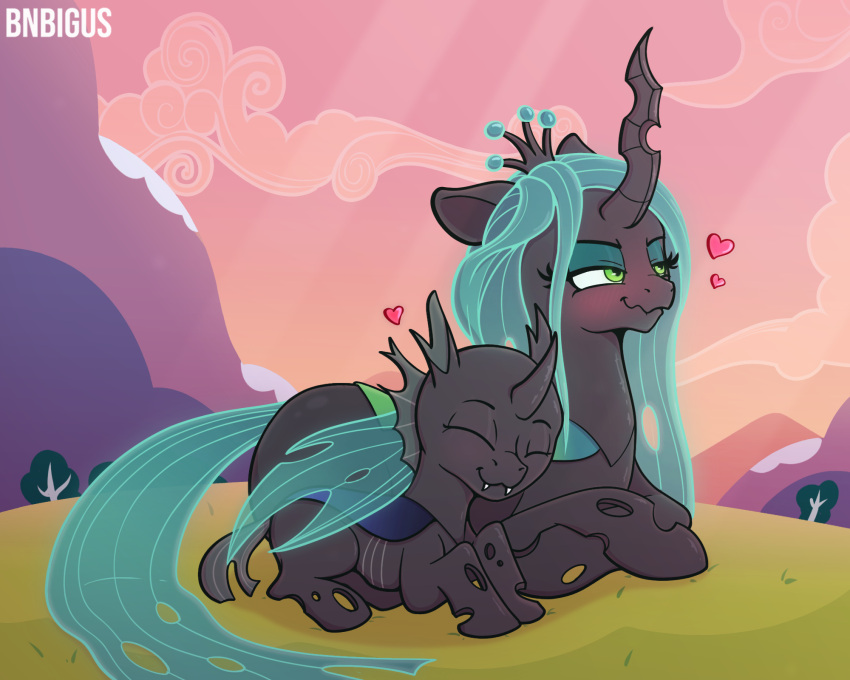 5:4 arthropod black_body black_skin bnbigus butt changeling crown cuddling digital_media_(artwork) duo female friendship_is_magic green_eyes green_hair hair hasbro hi_res hole_(anatomy) horn insect_wings male my_little_pony queen queen_chrysalis_(mlp) royalty solo sunset teeth tsundere wings