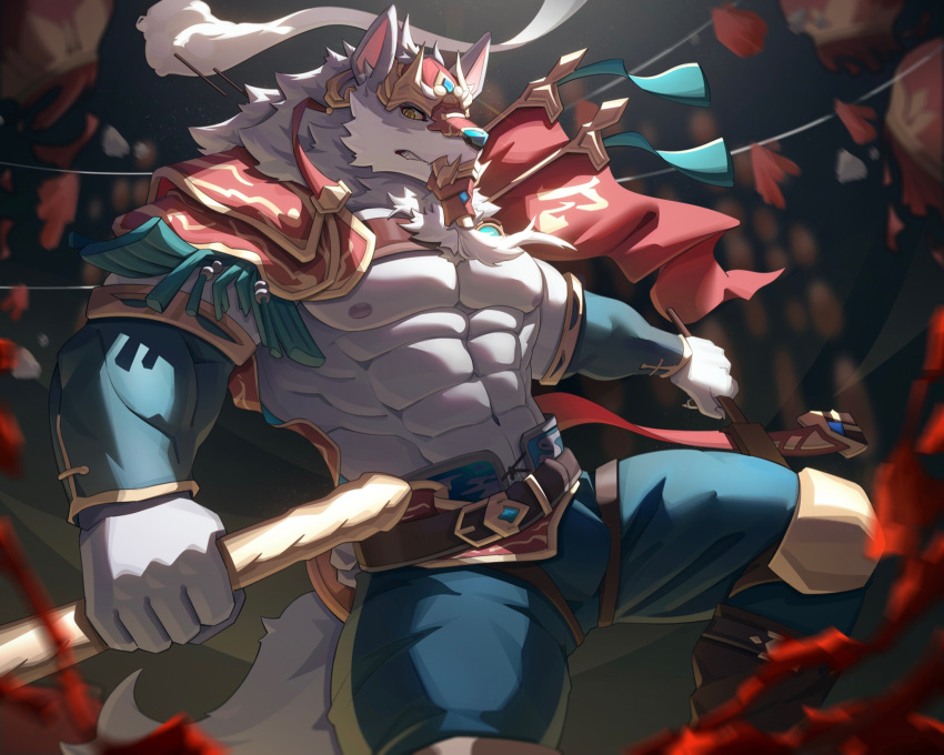 abs anthro canid canine canis clothing facial_hair fur grey_body grey_fur hi_res law_(sdorica_sunset) male mammal multicolored_body muscular muscular_anthro muscular_male nipples pecs sdorica sdorica_sunset solo uiokv wolf