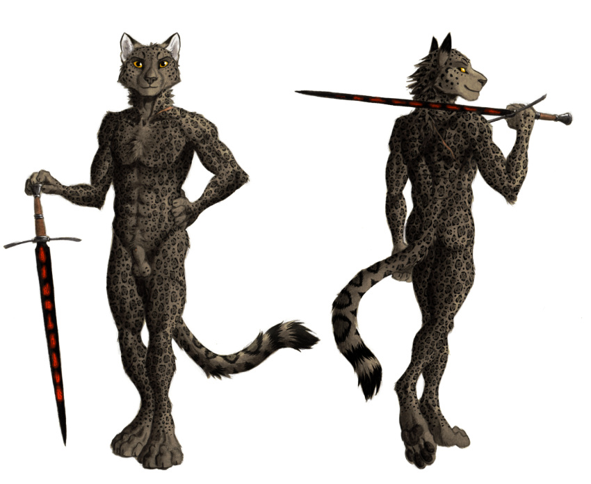 0laffson 2021 anthro balls butt feet felid feline fingers fur genitals hi_res holding_object holding_sword holding_weapon jaguar male mammal melee_weapon pantherine smile solo spots spotted_body spotted_fur sword toes topaz_(xanderh) traditional_media_(artwork) weapon