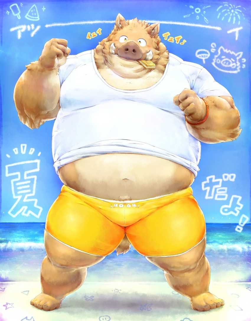 2017 anthro beach belly blush bottomwear brown_body brown_fur clothing eating food fur hi_res humanoid_hands in_a_gamepxv japanese_text kemono male mammal navel outside overweight overweight_male seaside shirt shorts simple_background solo suid suina sus_(pig) text topwear water wild_boar
