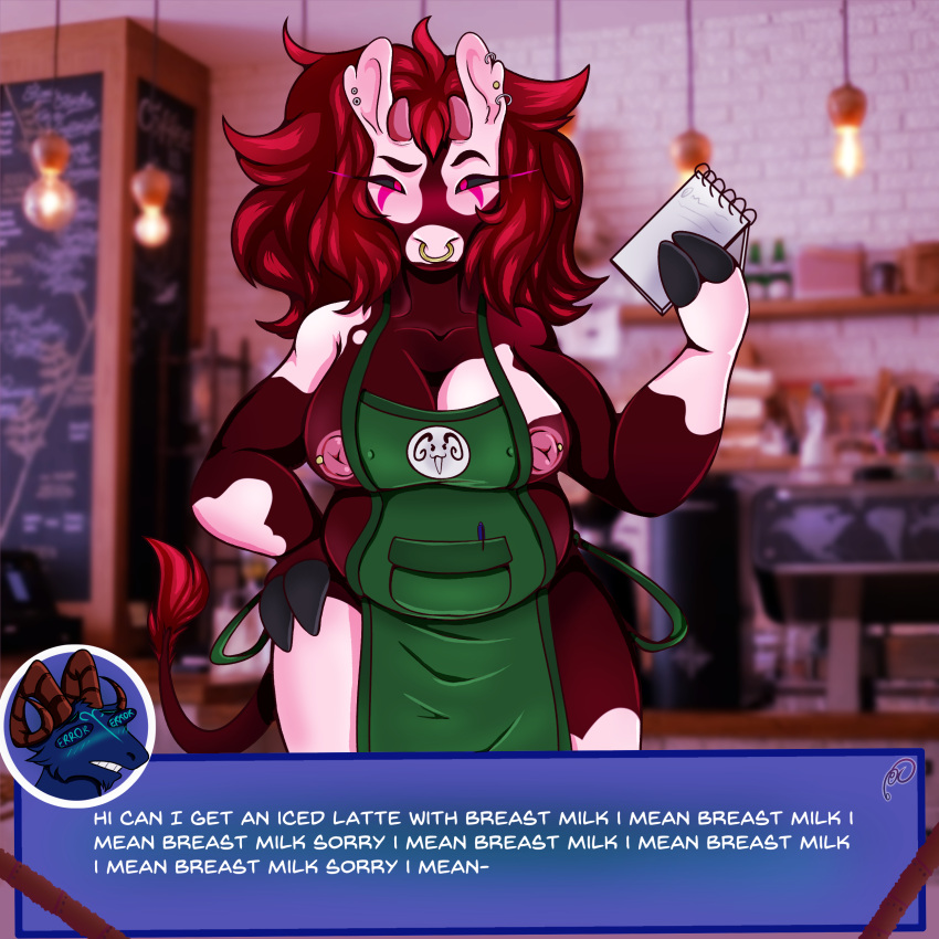 1:1 absurd_res anthro apron apron_only aries_(zodiac) barista beverage big_breasts blush bovid bovine breasts caprine cattle clothed clothing coffee digital_media_(artwork) duo ear_piercing english_text facial_piercing female goat green_apron hair hi_res huge_breasts i_mean_breast_milk jewelry looking_at_viewer male male/female mammal markings meme mostly_nude multicolored_body nipple_piercing nipples nose_piercing nose_ring piercing ramerooni red_hair septum_piercing speech_bubble spots spotted_body spotted_markings taurus_(zodiac) text topwear unusual_eyes video_games visual_novel western_zodiac