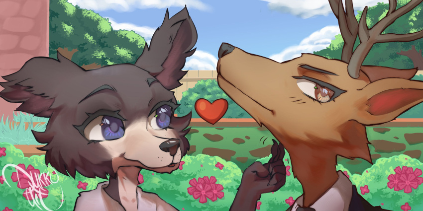 &lt;3 2021 2:1 anthro antlers beastars blue_eyes brown_body brown_eyes brown_fur canid canine canis cervid clothed clothing cloud detailed_background dukkoart duo female fur hi_res horn juno_(beastars) male mammal outside signature wolf