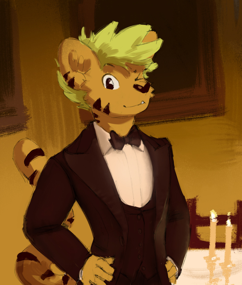 anthro black_tie_(suit) bow_tie charlie_(sunhuiz) clothing dinner_table felid hands_on_hips hi_res looking_at_viewer male mammal markings one_eye_closed orange_body pantherine solo striped_markings stripes suit sunhuiz tiger wink