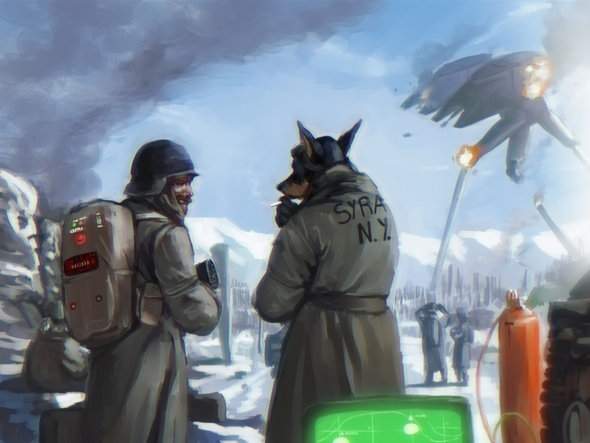 4:3 anthro biped canid canine canis clothed clothing dobermann domestic_dog english_text explosion fire group gun hat headgear headwear hi_res human jcm2_(artist) machine male mammal pinscher ranged_weapon robot sky smoking snow standing tagme text weapon