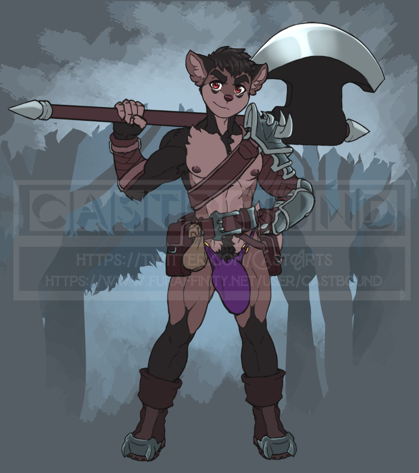 abs anthro armor armpit_hair axe belt belt_buckle belt_pouch big_bulge black_hair body_hair boots bulge canid canine canis castbound clothed clothing crotch_tuft domestic_dog footwear genital_outline genitals hair hi_res huge_bulge hyper hyper_bulge hyper_genitalia looking_at_viewer male mammal melee_weapon nipples partially_clothed penis_outline red_eyes russell_(castbound) solo standing tuft unconvincing_armor underwear watermark weapon