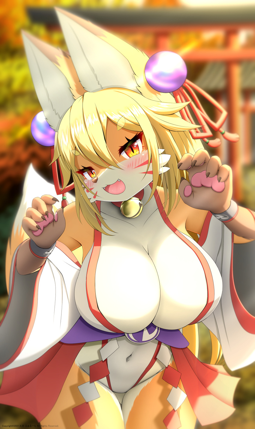 2021 5_fingers absurd_res accessory anthro asian_clothing bell big_breasts blonde_hair blush breasts brown_nose canid canine cheek_tuft choker claws cleavage clothed clothing cute_fangs dipstick_ears dipstick_tail east_asian_clothing eyelashes facial_markings facial_tuft faroula_twitt female finger_claws fingers fluffy fluffy_tail fox fur hair hair_accessory head_markings hi_res huge_breasts japanese_clothing jewelry jingle_bell kemono long_hair looking_at_viewer mammal markings miko_outfit multicolored_body multicolored_ears multicolored_fur multicolored_tail navel necklace open_mouth orange_body orange_fur outside pawpads plant portrait pupils shrine_maiden slit_pupils solo tail_markings text three-quarter_portrait tongue torii translated_description tree tuft two_tone_body two_tone_fur watermark white_body white_fur wristband