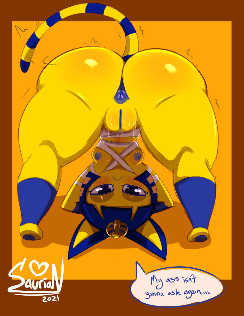 2021 absurd_res animal_crossing ankha_(animal_crossing) anthro anus ass_up big_butt breasts butt dialogue domestic_cat felid feline felis female genitals hi_res mammal nintendo nipples pussy saurian_(artist) solo video_games