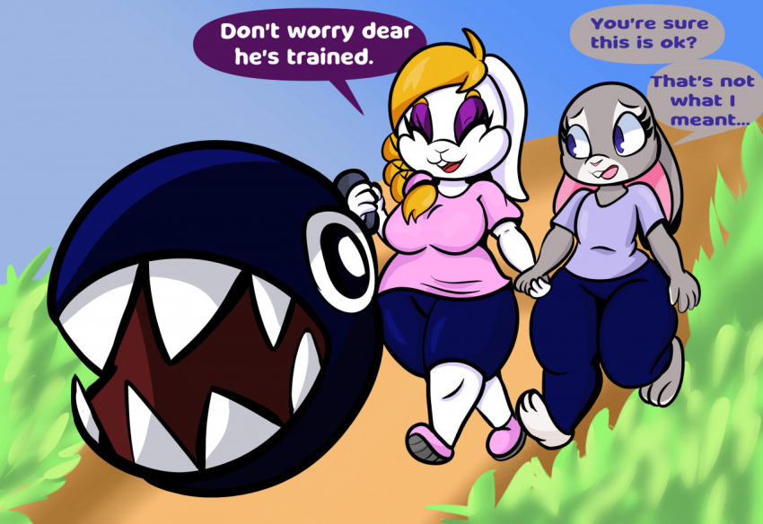 anthro breasts broodal chain_chomp dialogue disney duo english_text eyes_closed female female/female hand_holding hariet_(mario) judy_hopps lagomorph leporid mammal mario_bros nintendo rabbit short_stack someth1ngoranother super_mario_odyssey text thick_thighs video_games walking wide_hips zootopia