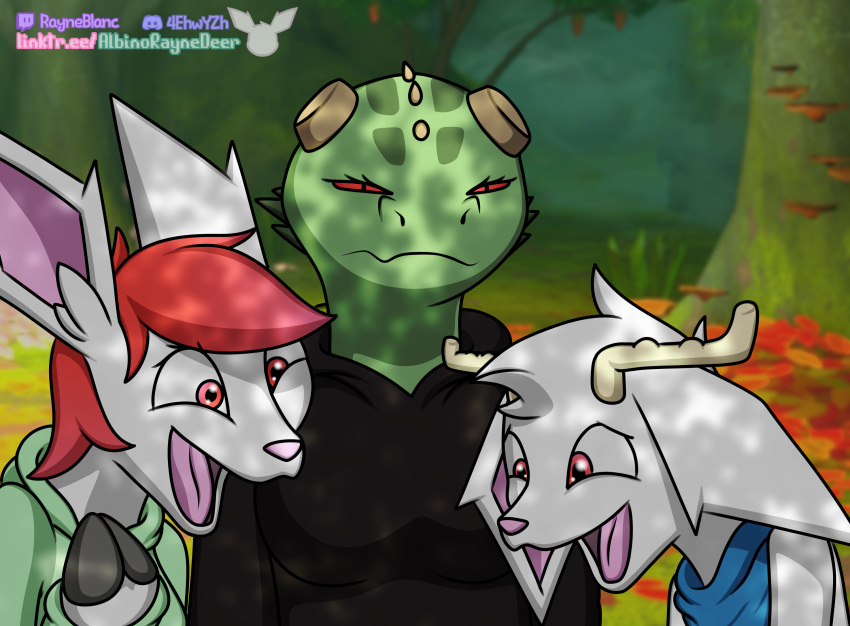 albinoraynedeer argonian artist_name bethesda_softworks blurred_background detailed_background digital_media_(artwork) group hi_res laughing_wolves_meme meer-mah meme outside rayne_blanc scalie the_elder_scrolls video_games wynd_blanc