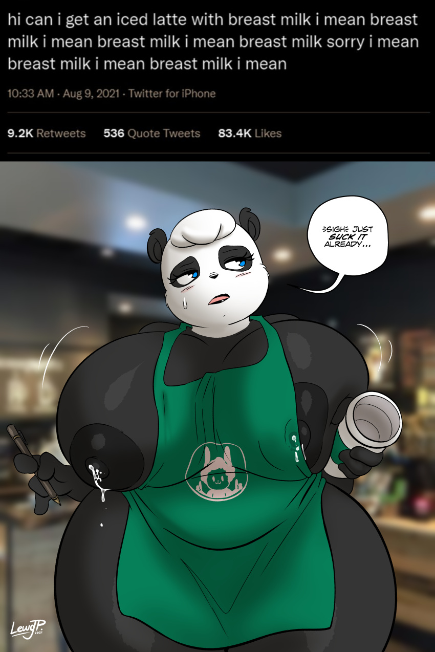 2021 absurd_res anthro apron apron_only areola big_breasts black_nose blue_eyes bodily_fluids breasts clothing container cup dialogue digital_media_(artwork) english_text eyelashes female giant_panda green_apron hi_res holding_cup holding_object huge_breasts i_mean_breast_milk joaoppereiraus lactating mammal meme mostly_nude nipples open_mouth pen shaded solo speech_bubble sueli_(joaoppereiraus) text thick_thighs ursid wide_hips
