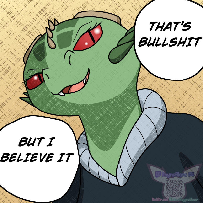 1:1 absurd_res albinoraynedeer argonian bethesda_softworks bust_portrait clothing dialogue english_text eyelashes female hi_res jojo's_bizarre_adventure meer-mah portrait profanity reaction_image red_eyes red_sclera scalie smile solo speech_bubble text the_elder_scrolls video_games