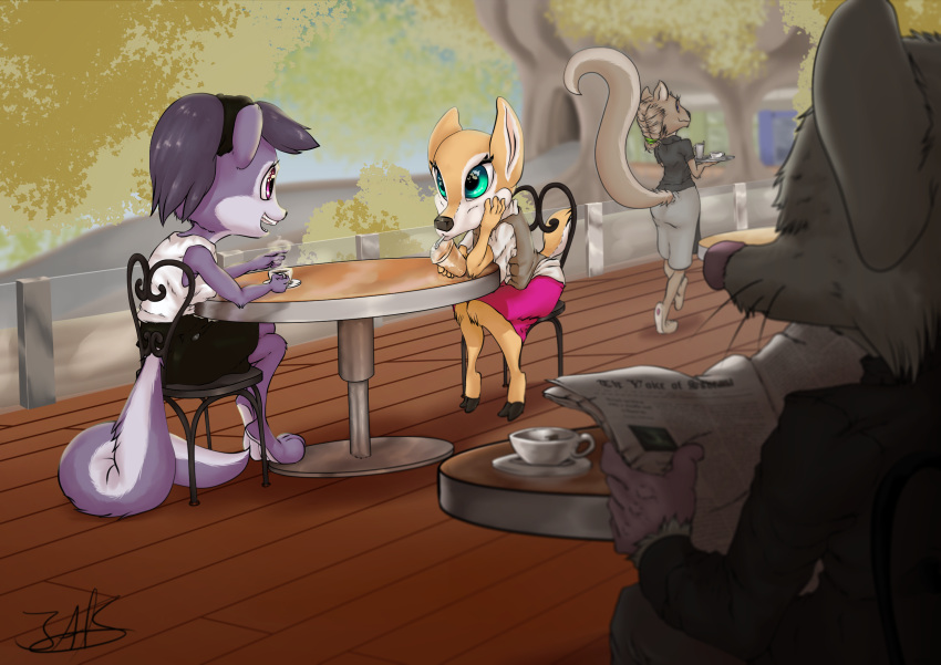 anthro asiri_gavil beverage big_eyes cervid city coffee coffeshop cute_clothing duo female fluffy fluffy_tail forest friends hair hi_res isa_sturmi mammal mephitid paws plant silven skunk small_tail smoothie toony tree turkojar