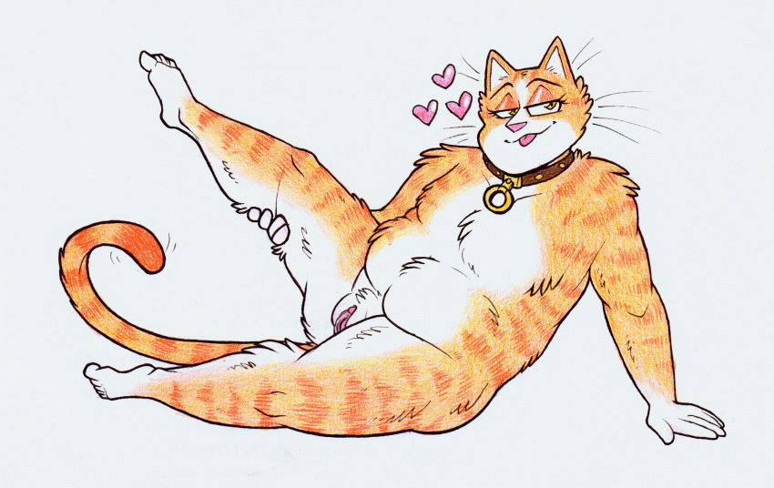 2021 5_fingers 5_toes :3 absurd_res anthro bedroom_eyes belly blep breasts butt cats_(movie) clitoris collar collar_ring colored_pencil_(artwork) domestic_cat featureless_breasts feet felid feline felis female fingers fur genitals hi_res holding_thigh humanoid_face humanoid_feet humanoid_hands inviting jennyanydots littlestfuzz mammal markings narrowed_eyes orange_body orange_fur overweight overweight_female plantigrade plump_labia pussy raised_leg seductive simple_background smile smirk solo striped_body striped_fur striped_markings striped_tail stripes tail_markings thick_thighs toes tongue tongue_out traditional_media_(artwork) whiskers white_background white_body white_fur wide_hips