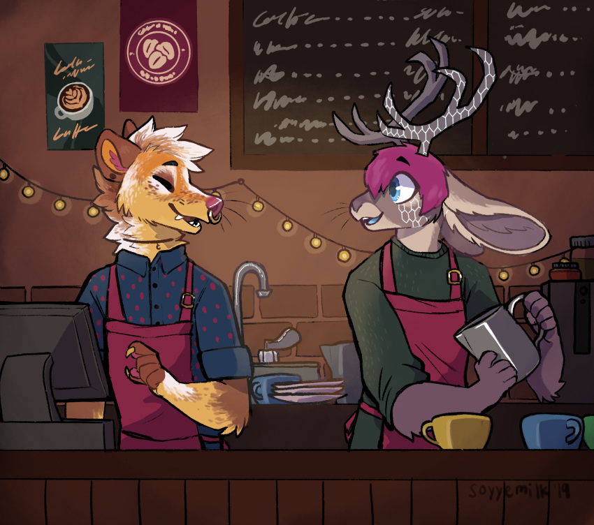 2019 ambiguous_gender anthro antlers apron barista clothed clothing coffee_shop digital_drawing_(artwork) digital_media_(artwork) digitigrade duo eye_contact eyes_closed fully_clothed hi_res horn jackalope lagomorph looking_at_another male mammal mephitid mood_lighting robinbanks skunk smile soyyemilk standing workplace