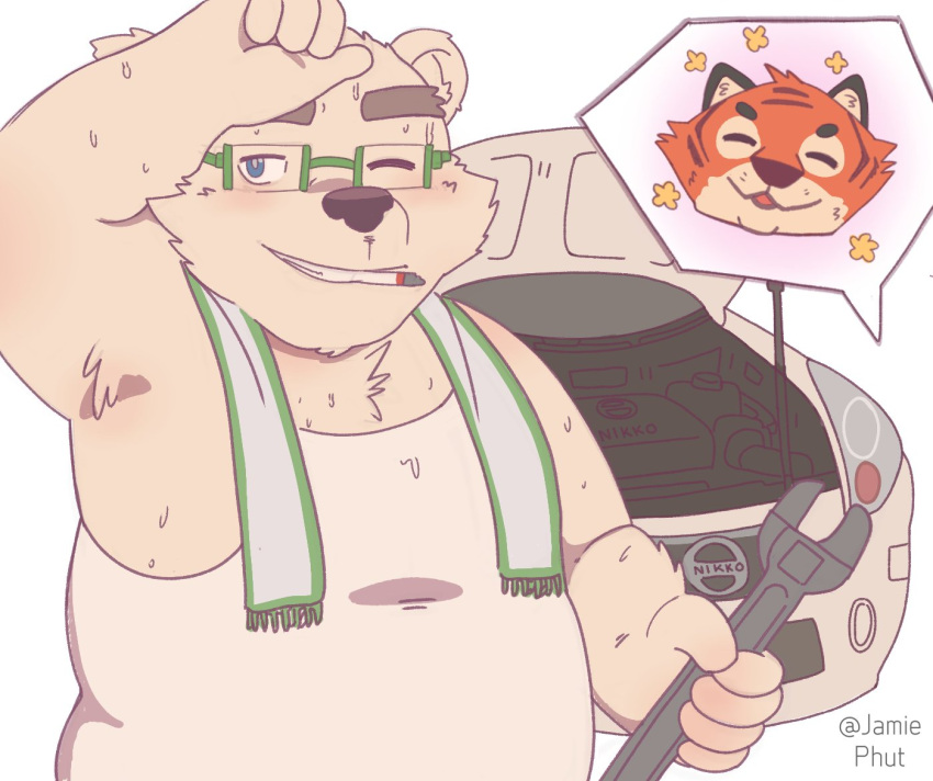 2021 anthro blush bodily_fluids car duo eyewear felid glasses humanoid_hands jamiephut kemono leib_(tas) lifewonders male mammal overweight overweight_male pantherine polar_bear smoking solo_focus sweat tiger tokyo_afterschool_summoners towel towel_around_neck ursid ursine vehicle video_games