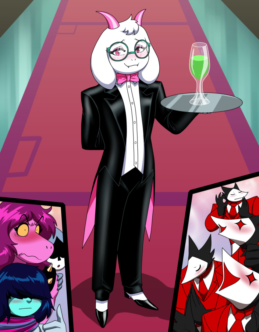 absurd_res alternate_costume ambiguous_gender anthro beverage black_tie_(suit) blush bovid bow_tie butler caprine carpet clothing crovirus deltarune eyes_closed eyeshadow eyewear female footwear gesture glass glasses goat group happy hi_res horn human just_right kris_(deltarune) lancer_(deltarune) makeup male mammal meme monster obscured_eyes ok_sign pink_eyes pink_eyeshadow platter praying ralsei reptile scalie shocked shocked_expression shoes smile spats suit susie_(deltarune) swatchling thumbs_up undertale_(series) video_games