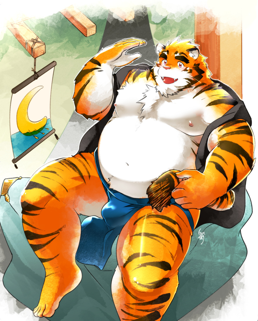 2018 anthro asian_clothing belly blue_clothing blue_fundoshi blue_underwear bulge clothing cute_fangs east_asian_clothing felid fundoshi fur hi_res higemorigen humanoid_hands japanese_clothing kemono male mammal moobs nipples overweight overweight_male pantherine sitting solo tiger underwear white_body white_fur yellow_body yellow_fur