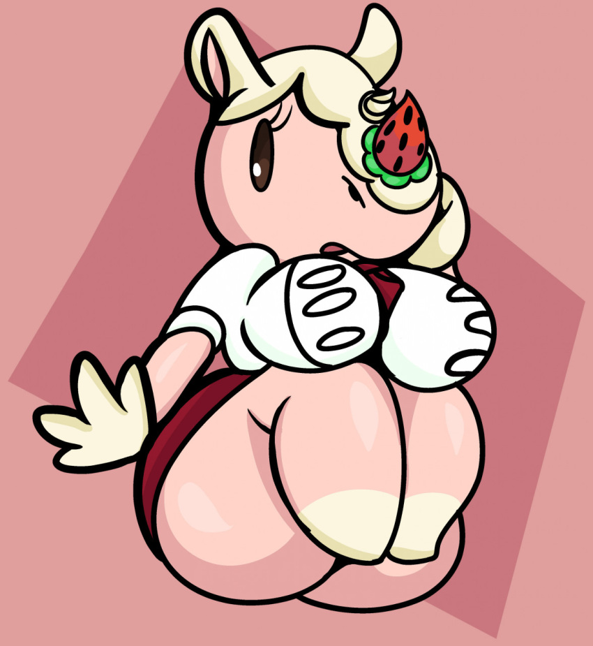 animal_crossing anthro big_breasts big_butt bottomwear breasts butt clothing female food fruit hi_res huge_butt legs_up mammal merengue_(animal_crossing) nintendo plant rhinocerotoid shirt short_stack skirt solo someth1ngoranother strawberry thick_thighs tight_clothing tight_shirt tight_topwear topwear video_games wide_hips