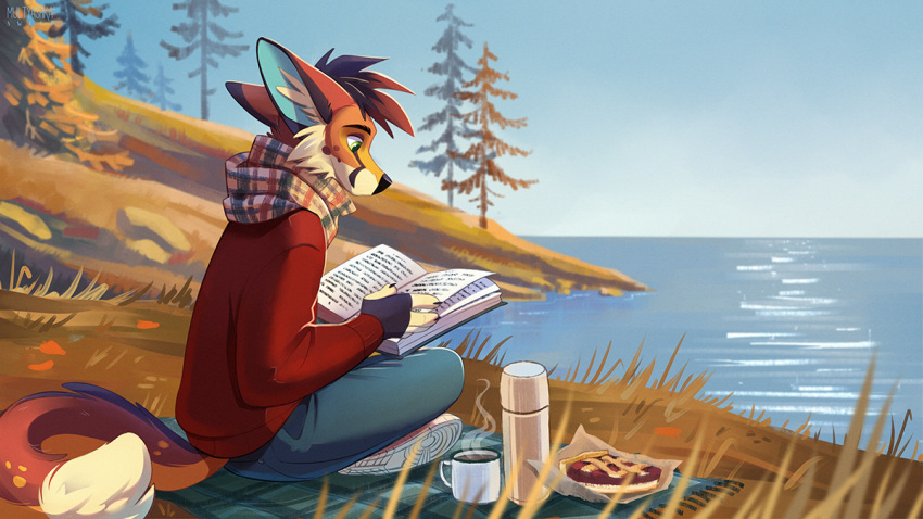 16:9 2021 anthro beverage blue_bottomwear blue_clothing blue_pants book bottomwear canid canine canister clothing container crossed_legs cup digital_media_(artwork) food footwear fox male mammal multyashka-sweet pants picnic_blanket plant plantigrade reading red_clothing sea shoes sky solo topwear tree water widescreen ych_result