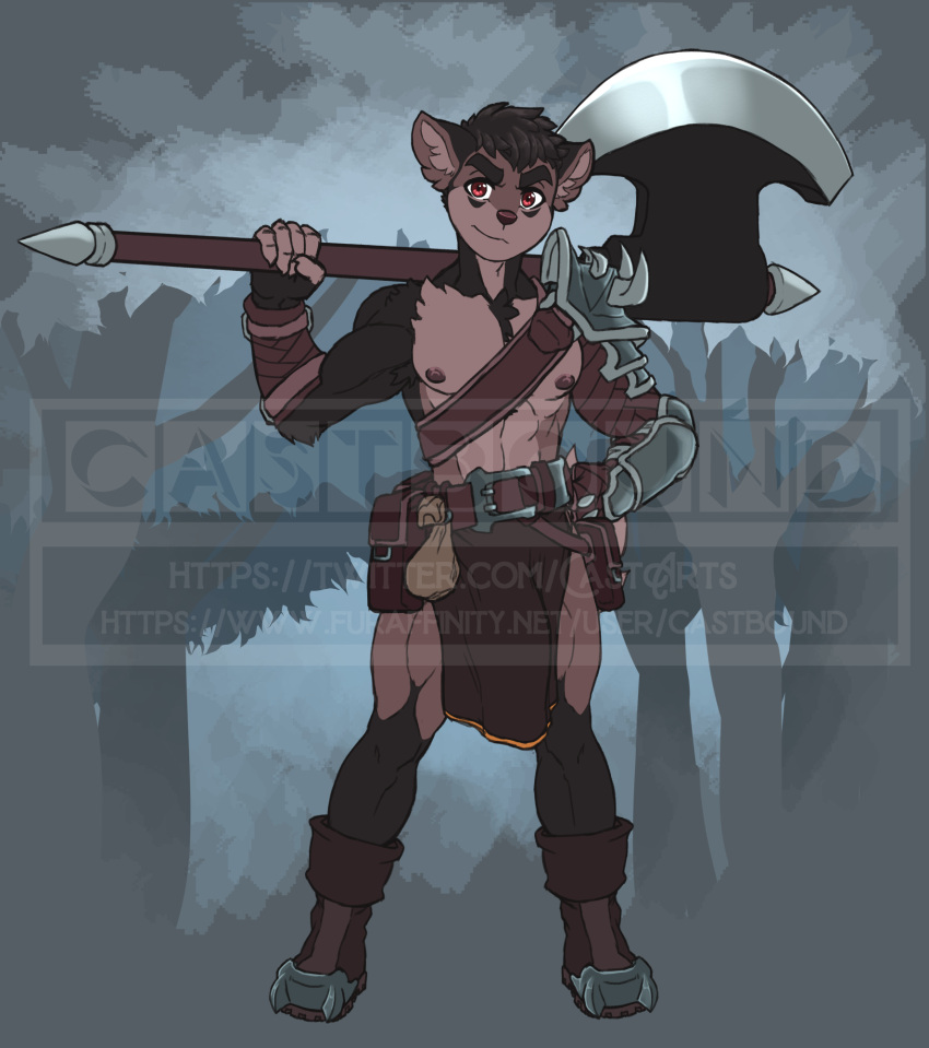 abs anthro armor armpit_hair axe belt belt_buckle belt_pouch black_hair body_hair boots bottomwear canid canine canis castbound clothing domestic_dog footwear hair hi_res loincloth looking_at_viewer male mammal melee_weapon nipples red_eyes russell_(castbound) solo standing watermark weapon