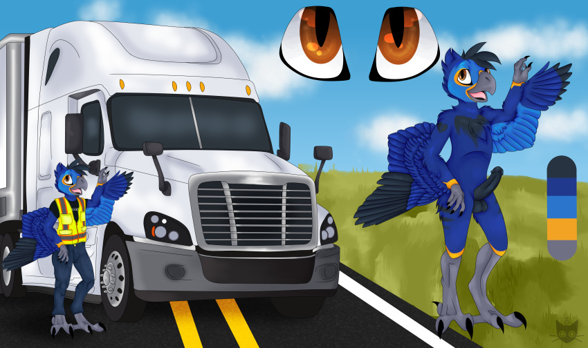 absurd_res animal_humanoid anthro avian avian_humanoid balls beak bird bird_legs blue_body blue_feathers clothed clothing conditional_dnp erection feathers genitals hi_res humanoid male model_sheet parrot penis road safety_vest scenery slates1n smile solo talons topwear truck_(vehicle) trucker vehicle vest winged_arms wings