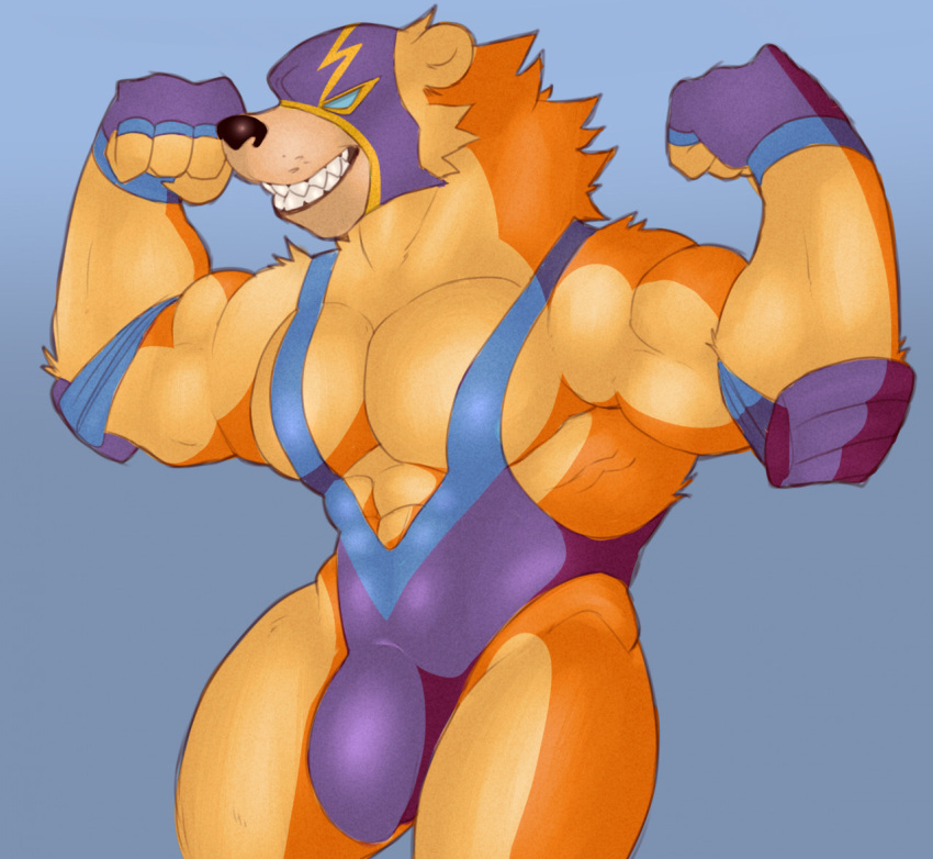 2021 4_fingers abs anthro biceps big_bulge big_muscles blue_eyes bulge clothed clothing countershading digital_media_(artwork) fingerless_gloves fingers fleshformomo flexing fur gloves handwear league_of_legends male mammal mask muscular muscular_anthro muscular_male orange_body orange_fur pecs pose riot_games sharp_teeth shoulder_pads simple_background smile solo sports_mask sportswear standing teeth ursid video_games volibear whisker_spots wrestling_mask wrestling_singlet