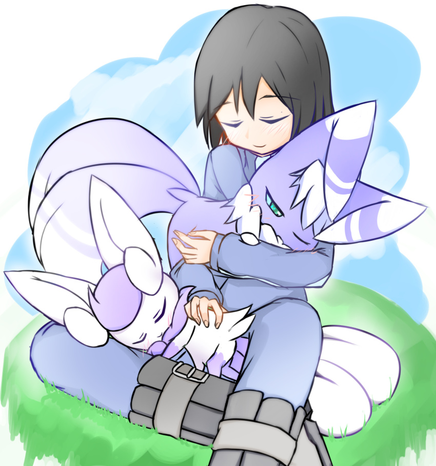absurd_res anthro blush blush_lines bonding calem_(pok&eacute;mon) carrying_partner cloud comforting cradling crossed_legs embrace eyes_closed felid feline female grass group happy hi_res hug human korononta larger_human larger_male lying male mammal meowstic nintendo on_front on_lap one_eye_closed plant pok&eacute;mon pok&eacute;mon_(species) semi-anthro sitting size_difference sky sleeping smaller_anthro smaller_female smile tired video_games