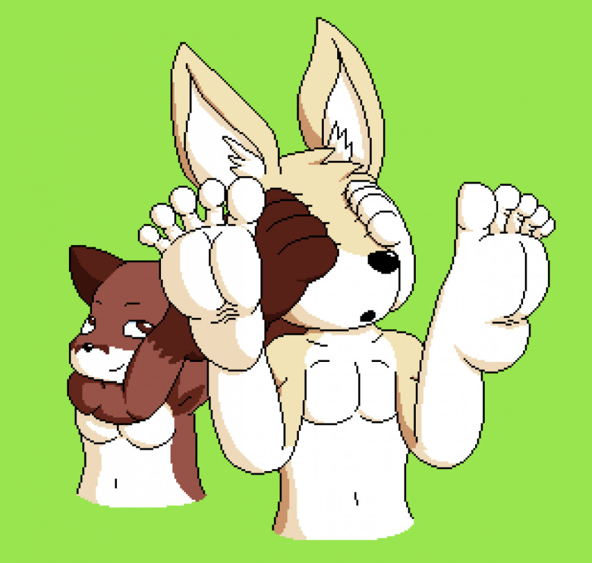 anthro body_horror canid canine covering covering_eyes covering_face digital_media_(artwork) duo feet fennec foot_focus foot_hands fox hi_res male male/male mammal marblepan pixel_(artwork) plantigrade shirtless simple_background soles unusual_anatomy wrinkled_feet