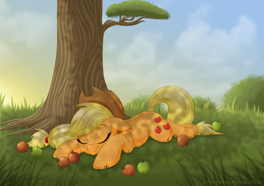 2017 absurd_res apple_(fruit) applejack_(mlp) blonde_hair clothing cloud cutie_mark equid equine eyes_closed female feral friendship_is_magic grass hair hat headgear headwear hi_res horse littlehybridshila lying mammal my_little_pony orange_body outside plant pony sleeping smile solo sunset tree