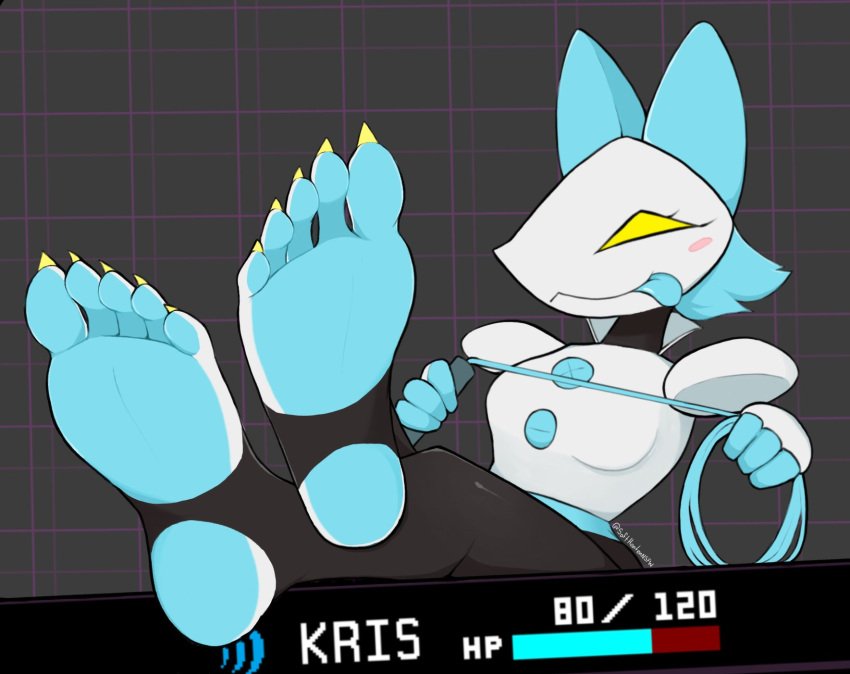 5_toes anthro blue_body blue_hair blue_skin blush breaking_the_fourth_wall claws clothing countershade_feet countershading deltarune feet felid feline female foot_fetish foot_focus footwear gameplay_mechanics hair health_bar hi_res humanoid_feet looking_at_viewer machine mammal multicolored_body robot sitting smile socks softhanten soles solo stirrup_clothing stirrup_legwear tasque_manager toe_claws toeless_footwear toeless_socks toes tongue tongue_out undertale_(series) user_interface video_games whip white_body white_skin yellow_eyes