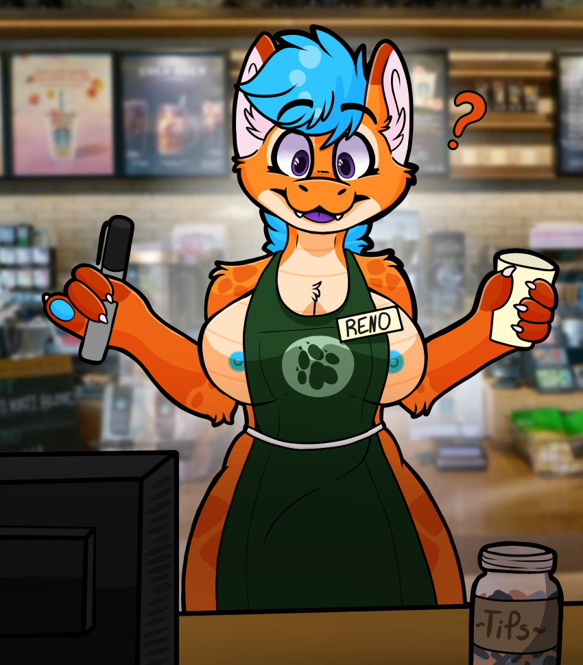 absurd_res anthro apexyotie apron apron_only areola big_breasts blue_areola blue_hair blue_nipples blue_pawpads breasts chest_tuft claws clothing container cup curvy_figure digital_media_(artwork) dragon exposed_breasts female fur gloves_(marking) green_apron hair hi_res holding_cup holding_object holding_pen hourglass_figure i_mean_breast_milk inner_ear_fluff jar markings meme milk mostly_nude nipple_slip nipples orange_body orange_fur pawpads pen public public_exposure shaded solo spots spotted_body spotted_fur starbucks tip_jar tuft