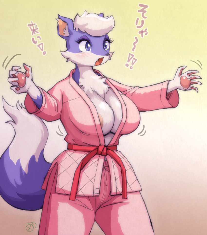 2021 5_fingers anthro areola areola_slip big_breasts blush breasts chest_tuft cleavage clothed clothing cute_fangs dipstick_tail eyelashes female fingers fluffy fur gloves_(marking) hair hi_res japanese_text kemono mammal markings melonleaf mink multicolored_body multicolored_fur multicolored_tail mustelid musteline open_mouth pawpads portrait prune_(melonleaf) purple_body purple_eyes purple_fur signature solo tail_markings text three-quarter_portrait tongue translated translated_description true_musteline tuft two_tone_body two_tone_fur white_body white_fur white_hair
