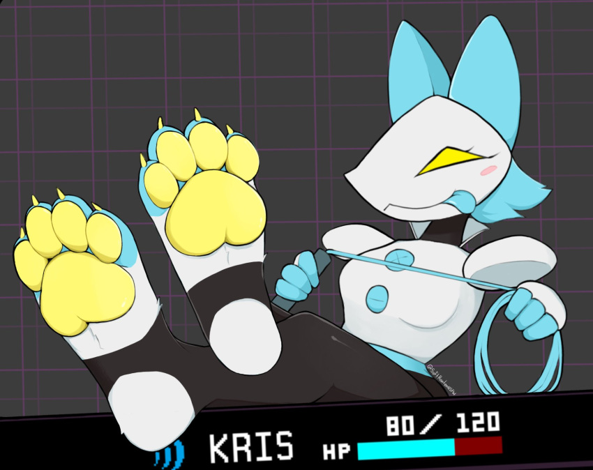 4_toes anthro blue_body blue_hair blue_skin blush breaking_the_fourth_wall claws clothing deltarune feet felid feline female foot_fetish foot_focus footwear gameplay_mechanics hair health_bar hi_res looking_at_viewer machine mammal multicolored_body pawpads paws robot sitting smile socks softhanten soles solo stirrup_clothing stirrup_legwear tasque_manager toe_claws toeless_footwear toeless_socks toes tongue tongue_out undertale_(series) user_interface video_games whip white_body white_skin yellow_eyes